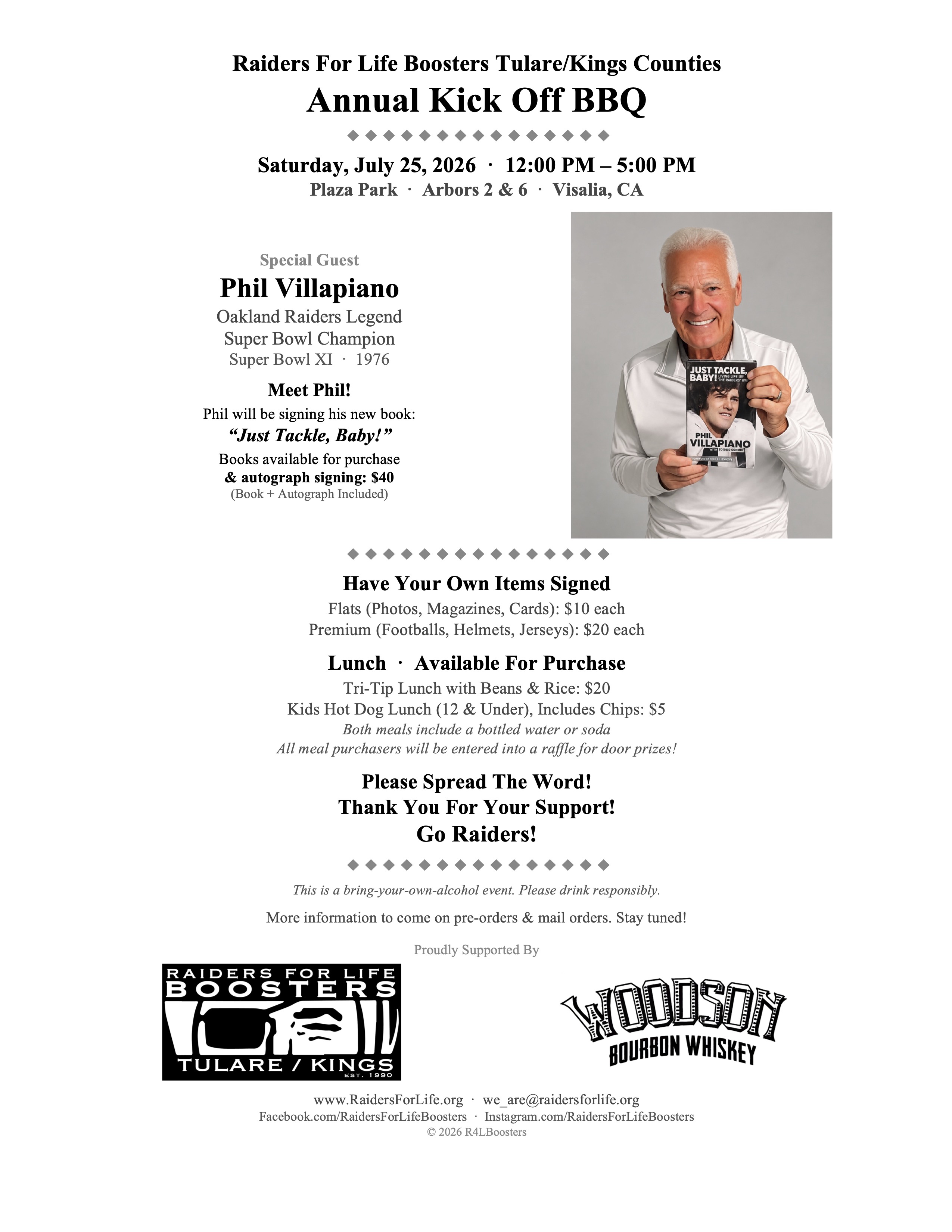 Annual Kick Off BBQ – Saturday July 25, 2026 – Plaza Park, Visalia – Special Guest Phil Villapiano